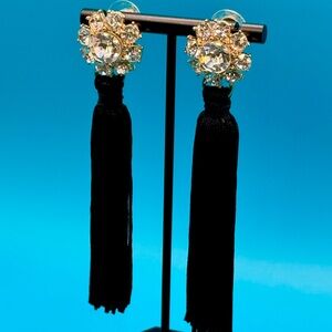 Black Tassel and Rhinestones set in Gold tone Earrings